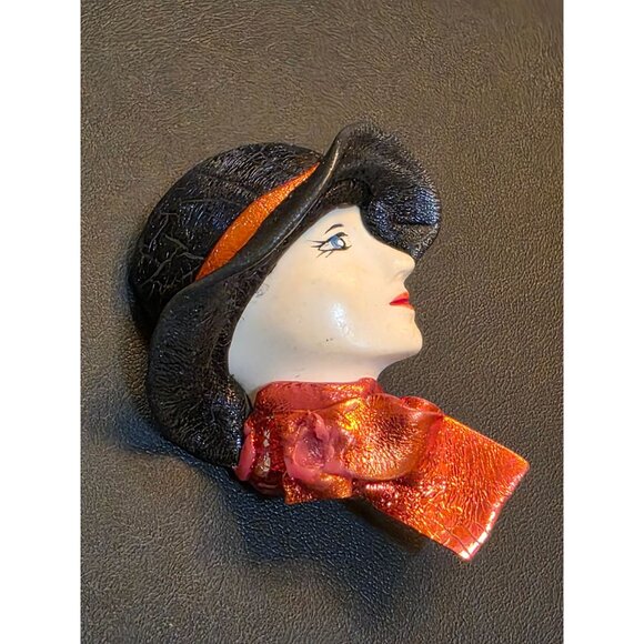 Vintage Lady Face Brooch With Black Hat & Red Scarf Hand-Painted Resin Pin Elega - Picture 6 of 6